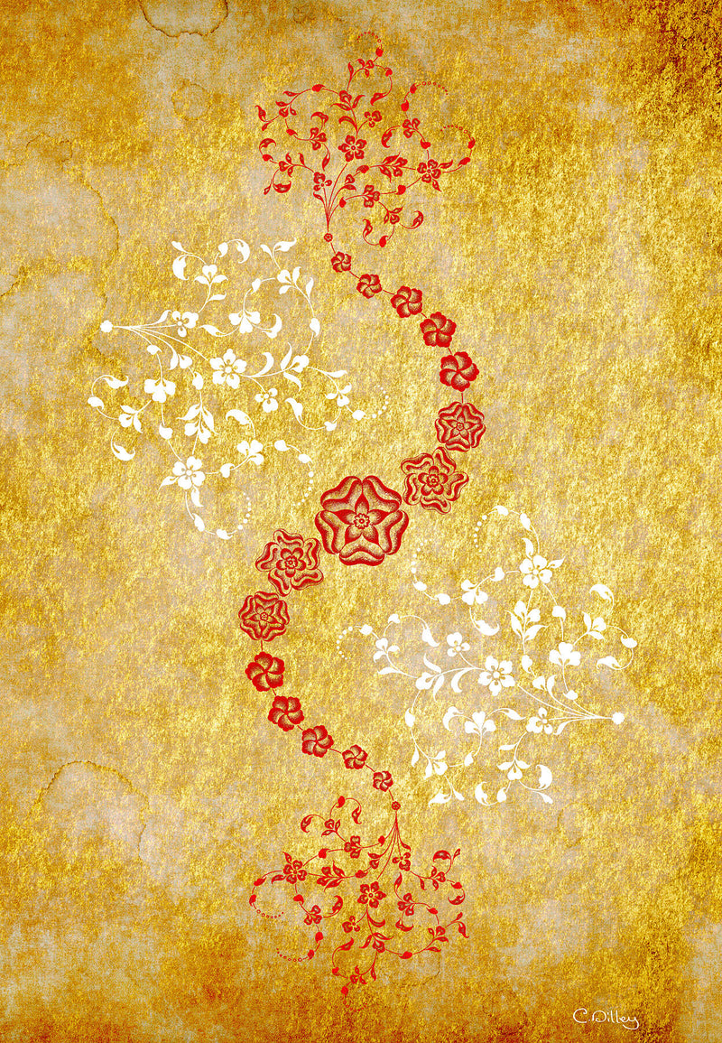 Elegant art print of spiralling floral sprays golden tones and red and white accents