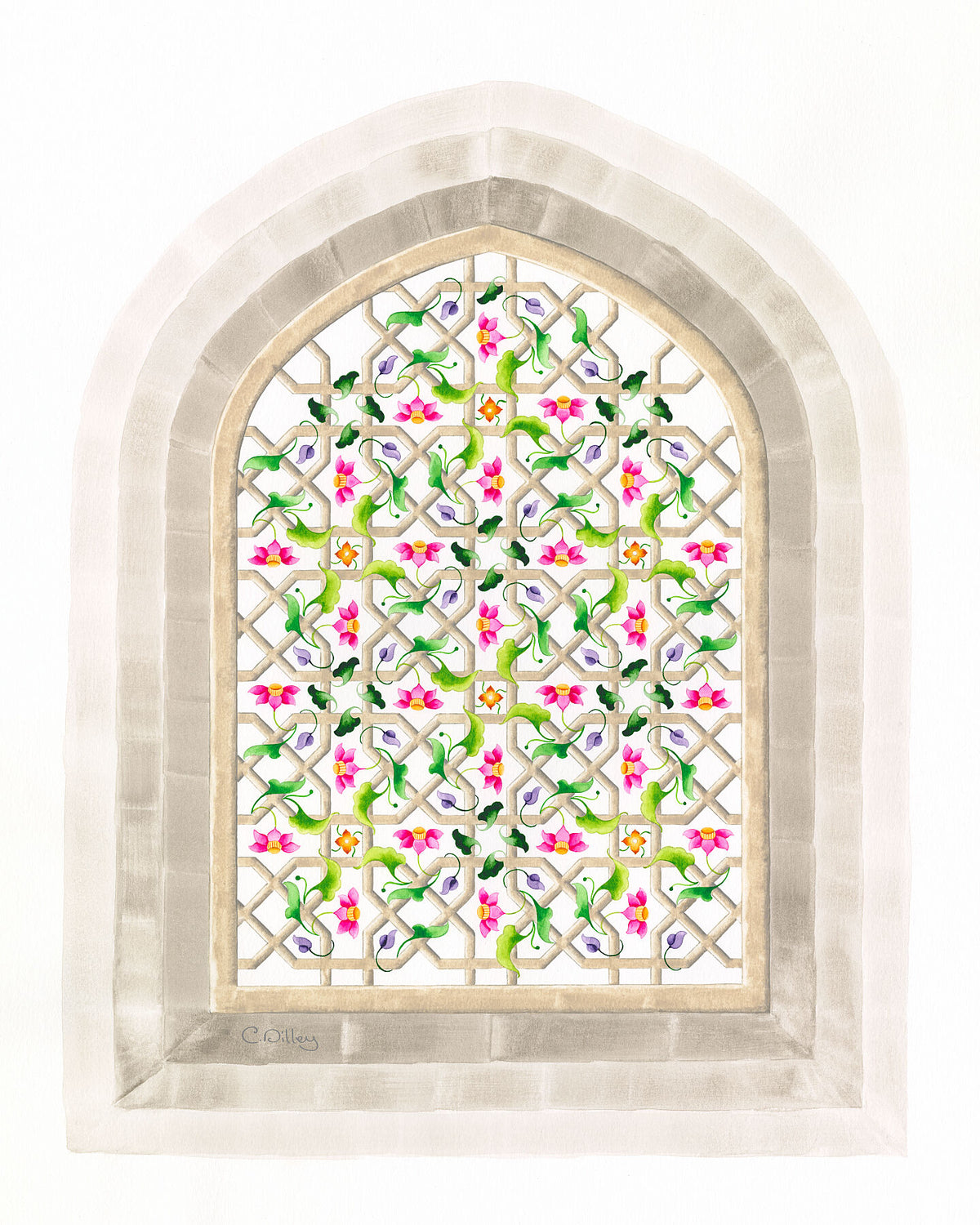 Elegant art print of watercolour geometric lattice window arch with intertwining vibrant pink and green foliage