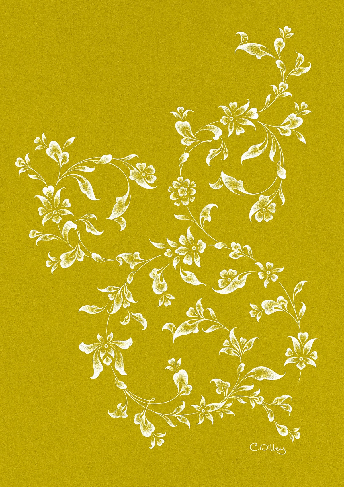 Elegant art print of white, spiralling leaves and floral motifs against a chartreuse background
