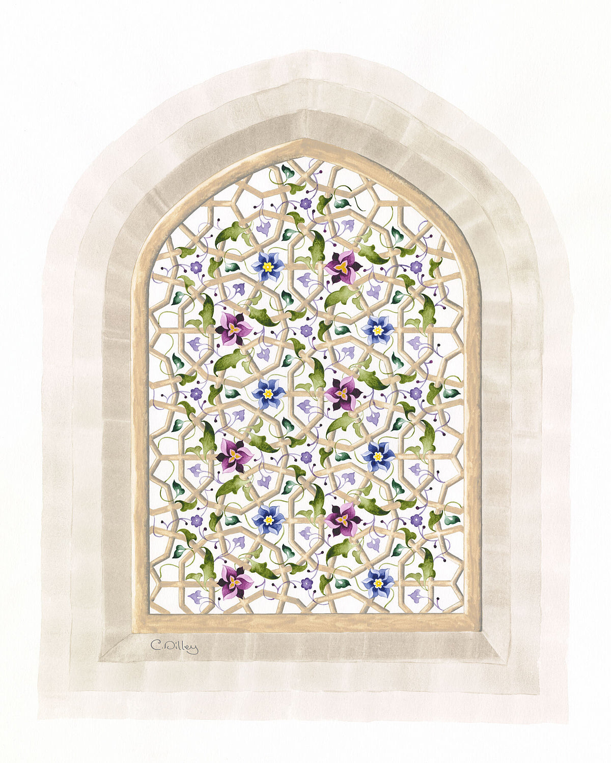 Elegant art print of watercolour geometric lattice window arch with intertwining green leaves and blue flowers