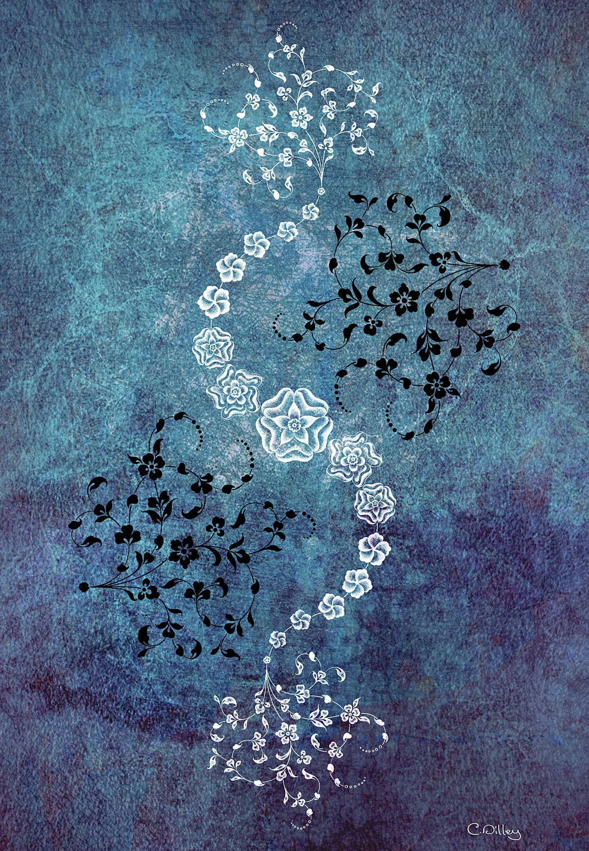 Elegant art print of spiralling floral sprays sapphire tones and white and black accents