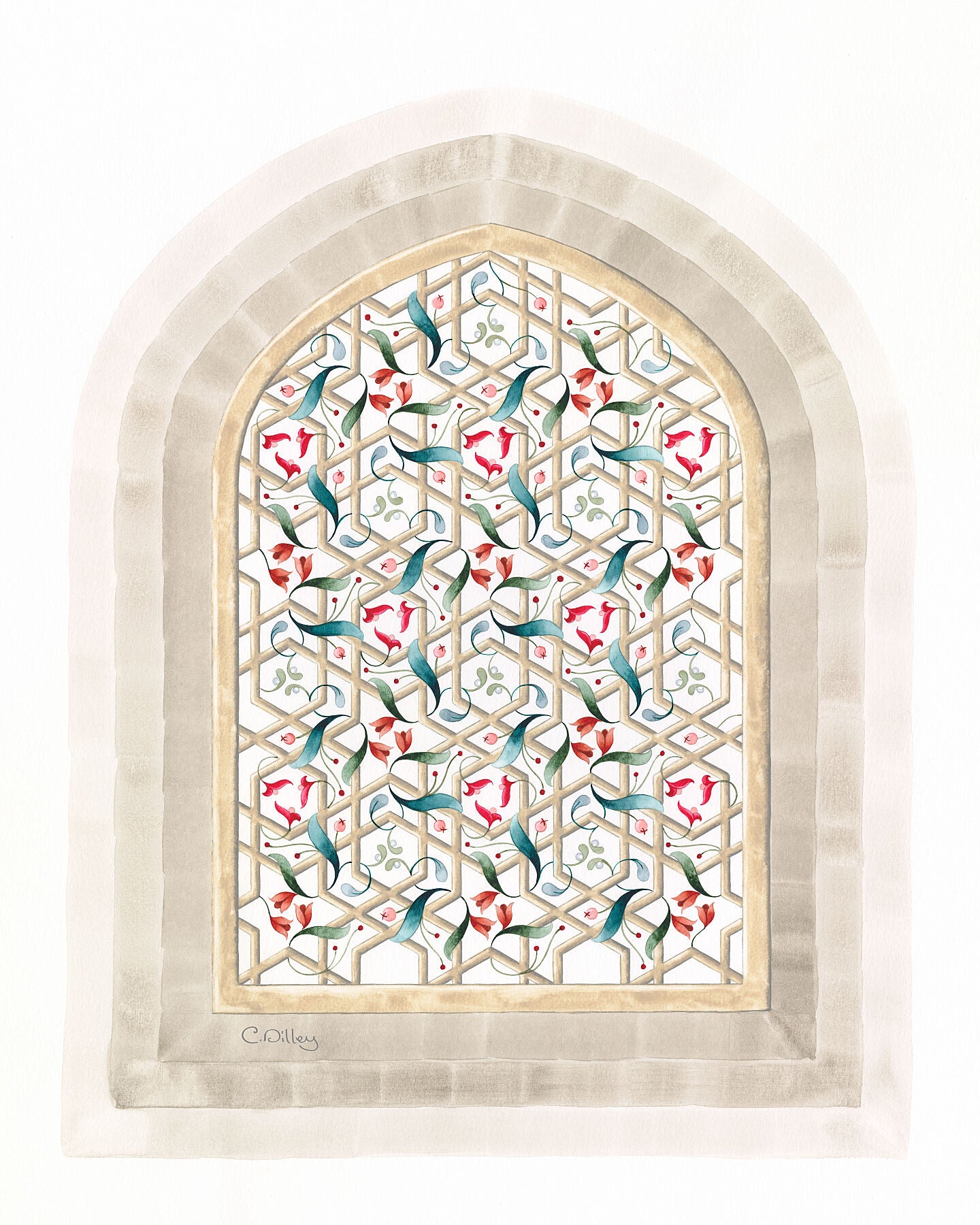 Elegant art print of watercolour geometric lattice window arch with intertwining winter foliage and flowers